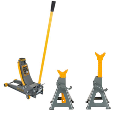 Workshop equipment combo package with trolley jack and stands